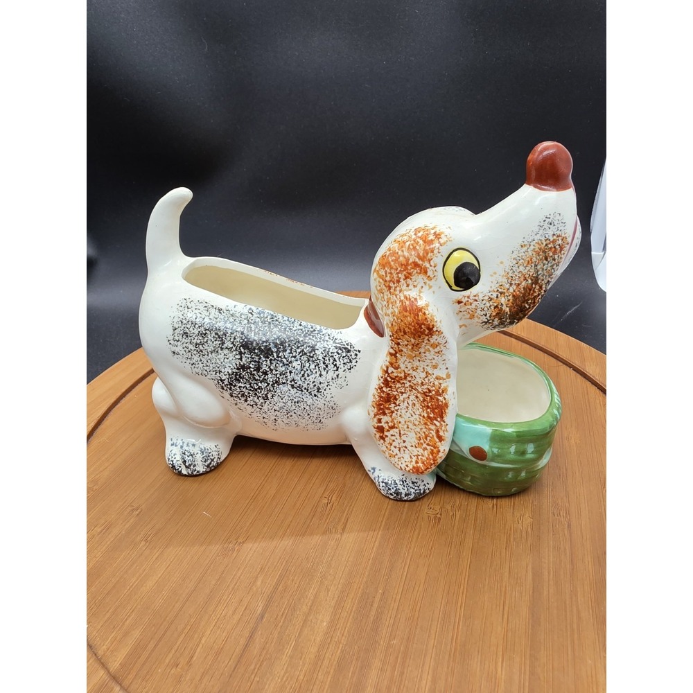 Vintage Ceramic Beagle  Dachshund Planter Desk Caddy Mail Key Holder